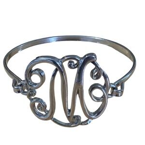 Silver Tone Script Initial M Monogram Bangle Bracelet Hook Closure
